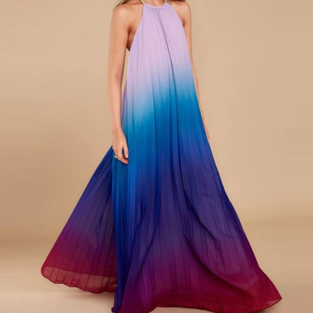 Purple Ombre Pleated Halter Maxi Dress